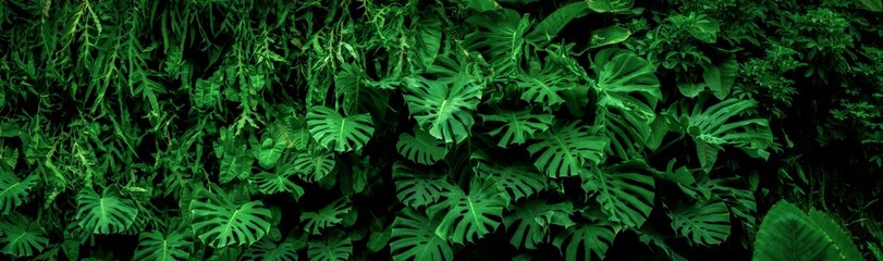 Group background of dark green tropical leaves ( monstera, palm, coconut leaf, fern, palm leaf,bananaleaf) Panorama background. concept of nature