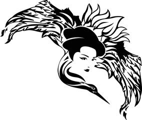 flying japanese crane bird with spread wings and beautiful geisha woman head - black and white vector design