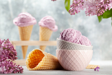 Berry ice cream in waffle cones