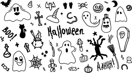 Vector set of cliparts for Halloween hand-drawn doodles and engravings. A funny, cute illustration for seasonal design, textiles, decoration of a children's playroom or a greeting card.