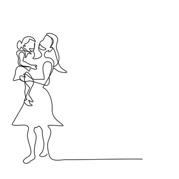 Happy Mum and child walking together.Young mother holding daughter in her hand in single line drawing style.Vector isolate flat continue line design  of family or Happy Mother’s Day celebrations.