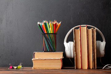 Old books and headphones