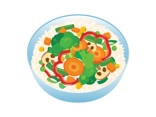 Rice bowl with vegetables icon vector. Healthy vegan rice with vegetables icon isolated on a white background. Diet vegetarian food drawing