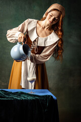 Portrait of charming redhair girl with long curly hair like girl of renaissance eras, lady-peasant...