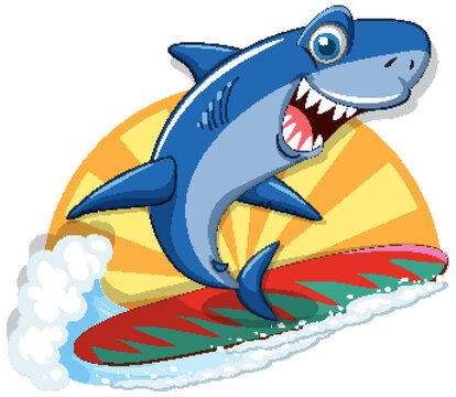 Shark on surfboard cartoon character