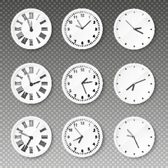 Wall clocks with roman and arabic numerals 3D vector illustration isolated.