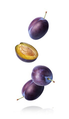 Plum fruit isolated on white background. Four falling prunes whole and cut half