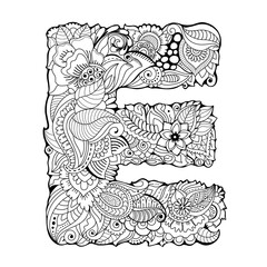 Letter E filled with floral ornament. Adult coloring book page