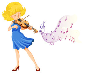 A woman playing violin with music note symbols