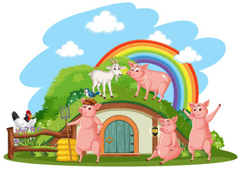 Pig and goat at hobbit house on white background