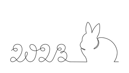 Rabbit symbol of 2023 year, one line art, hand drawn continuous contour. Doodle bunny, sketch style, minimalist design. Editable stroke. Isolated. Vector illustration