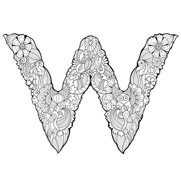 Zentangle adult coloring book style letter W. Doodle lettering sign