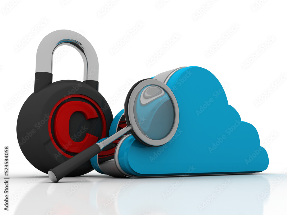 Poster 3d rendering technology cloud computing with lens near copyright lock