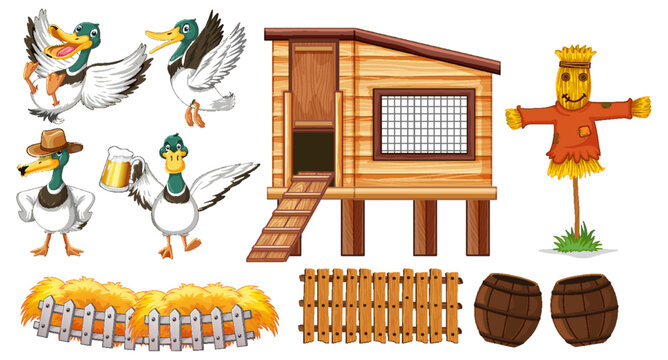 Farm objects set with wild ducks cartoon