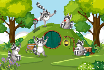 Hobbit house with raccoon family © GraphicsRF