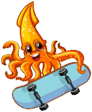 Cute orange squid playing skateboard