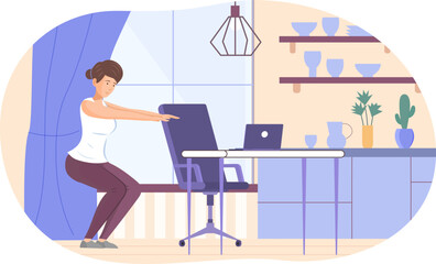 Young woman doing squats physical exercise at home. Girl freelancer breaking her work for sport workout in living room interior. Healthy lifestyle, indoor activity, stay at home concept flat vector