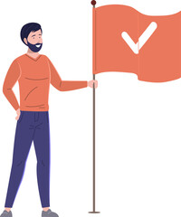 Man holding waving red flag with check mark. Successful businessman celebrating goal achievement, reaching purposes, tasks being complete. Victory, winning and challenge flat vector