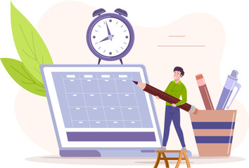 Tiny man with pencil working on schedule on laptop computer. Businessman doing working plan on week, planning business agenda tasks and meetings time. Time management or deadline flat vector