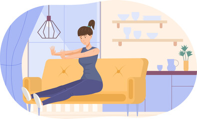 Young woman doing sports on sofa at home. Girl in sportswear performing stretching sports exercise in living room interior. Healthy lifestyle, indoor activity, stay at home concept flat vector