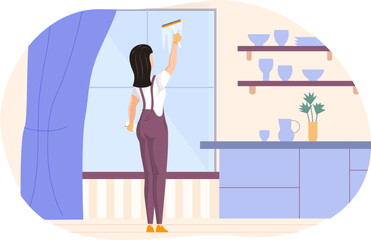 Back view of young woman cleaning window with squeegee. Girl in overalls and rubber gloves washing window with detergent at apartment or office. Housework, cleaning service flat vector