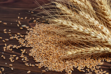 Ears of ripe wheat, scattered grains on a wooden board.