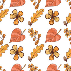 Vector seamless pattern with oak leaves and autumn flowers. Colorful cute background in autumn colors