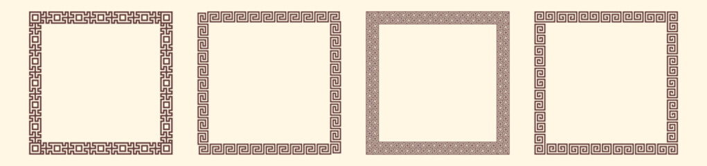 Greek key border, square frames collection. Decorative ancient meander, greece ornamental set with repeated geometric motif. Easy to make rectangle frame.