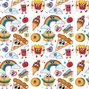 Fast food cartoon seamless pattern