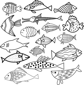 cute fish. set of  doodle fish elements. Can be used in textile industry, paper, background, scrapbooking.