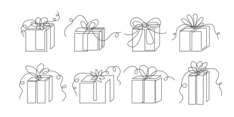 Gifts one-line set, hand drawn continuous contours. Doodle, sketch style, minimalism. Holiday present, festive surprise, souvenir. Editable stroke. Isolated. Vector illustration