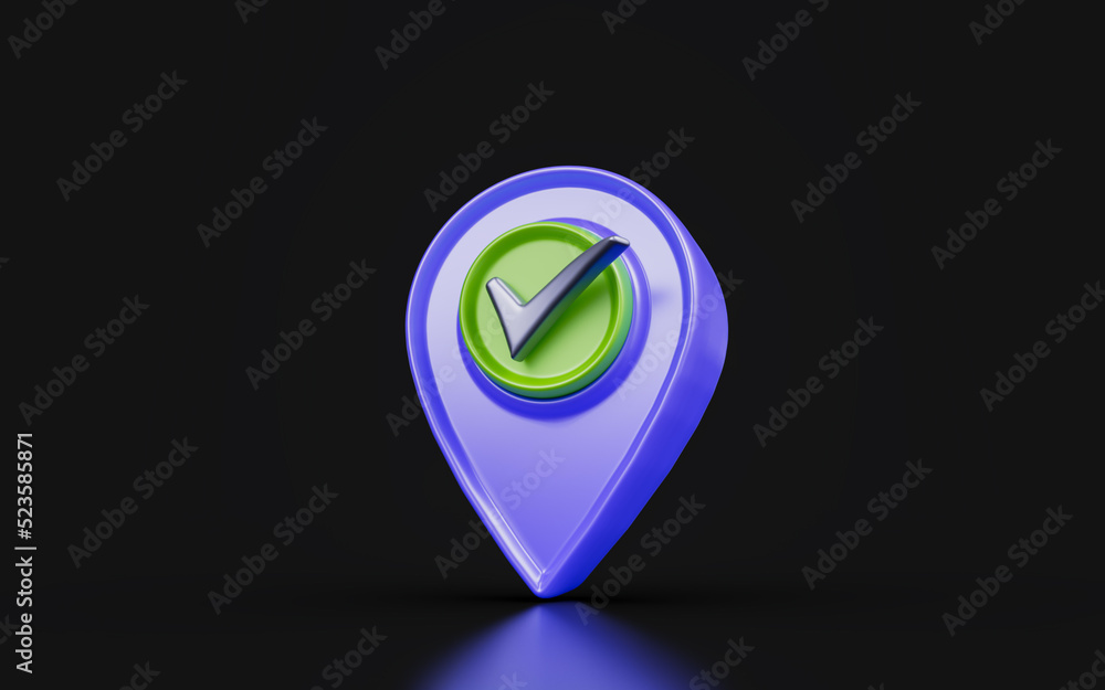 Poster location sign with checkmark on dark background 3d render concept for transport distribution