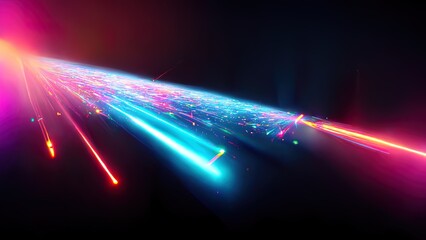 Colorful space particles. Abstract technology, big data, internet, data illustration. Beam or purple, pink and blue light trough space.