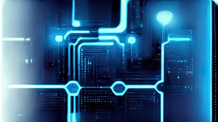 Abstract motherboard, technology, circuit pattern. 3d rendering of futuristic panel. Blue neons wire. 4k background, wallpaper.