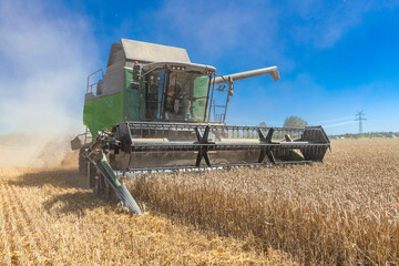 Combine harvester in the wheat field at harvest during great drought - 4324