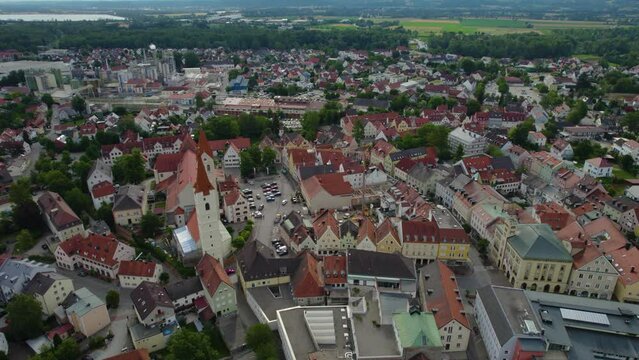 Aerial view of the city Moosburg in Bavaria, Germany on a sunny morning in summer.
