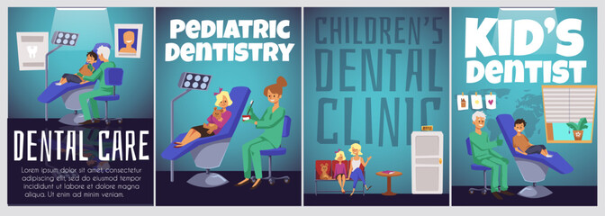 Kids dentist and dental clinic posters templates with space for text, flat vector illustration.