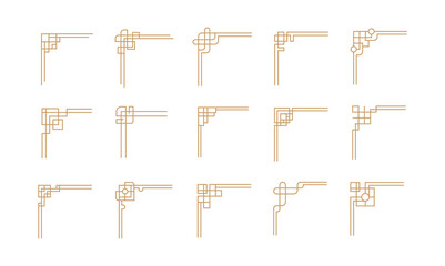 Collection of Chinese corner border ornaments with gold color at white background
