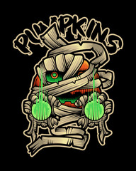 Pumpkin Monster for Halloween Japanese Illustration Style Isolated Vector. Editable Layer and Color. Pumpkin Monster with Mummy and Magic Energy Ball Costume for Halloween Event.