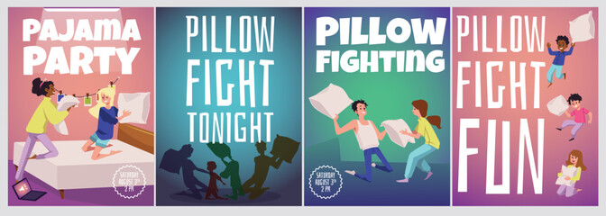 Pillow fight and pajama party invitation posters or flyers, flat vector illustration.