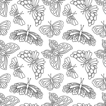 Vector seamless pattern with hand drawn outline butterfly illustration for coloring page, fabric, textile, background, wallpaper, wrapping paper