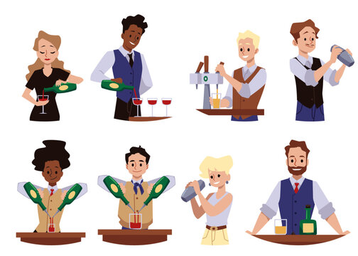 Bartender or barman characters set, flat vector illustration isolated.