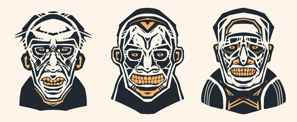 Male cartoon portraits set, Caricature heads, sketch style. Hand drawn design elements. Vector illustration