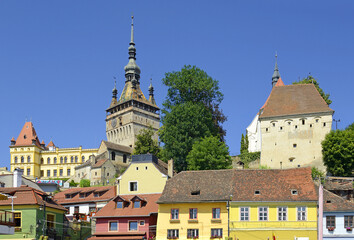 Sighisoara, Transylvania, Romania with famous medieval fortified city and the Clock Tower built by...