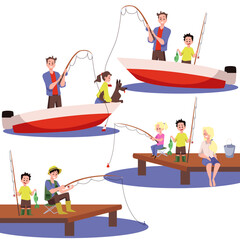 Parents and children fishing together set, flat vector illustration isolated.