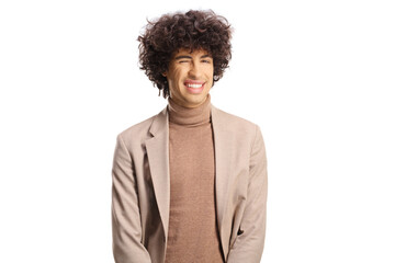 Fototapeta na wymiar Young man with curly hair winking