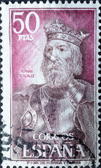 Spain - CIRCA 1972: a postage stamp from Spain, showing a portrait of the Count of Castile Fernán González. Circa 1972