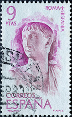 Spain - CIRCA 1974: a postage stamp from Spain, showing an ancient sculpture of Emperor Trajan. Circa 1974