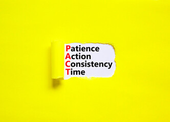 PACT patience action consistency time symbol. Concept words PACT patience action consistency time on white paper, yellow background. Business PACT patience action consistency time concept. Copy space.
