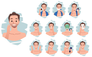 Men skin care steps in flat vector illustration isolated on white background.